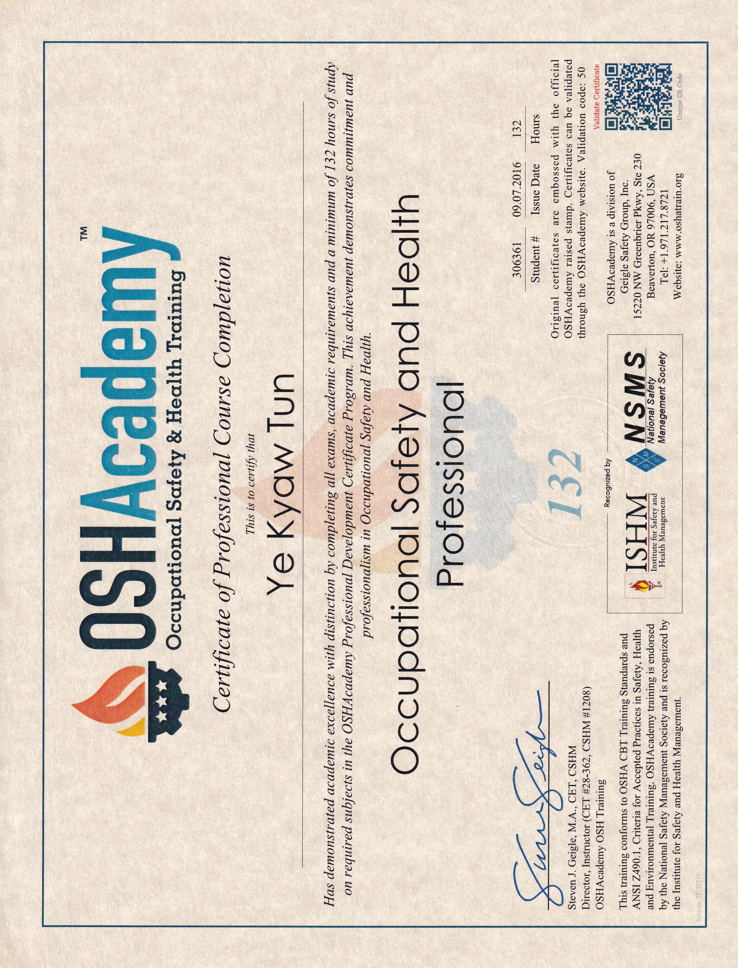 OSHAcademy Professional Certificate